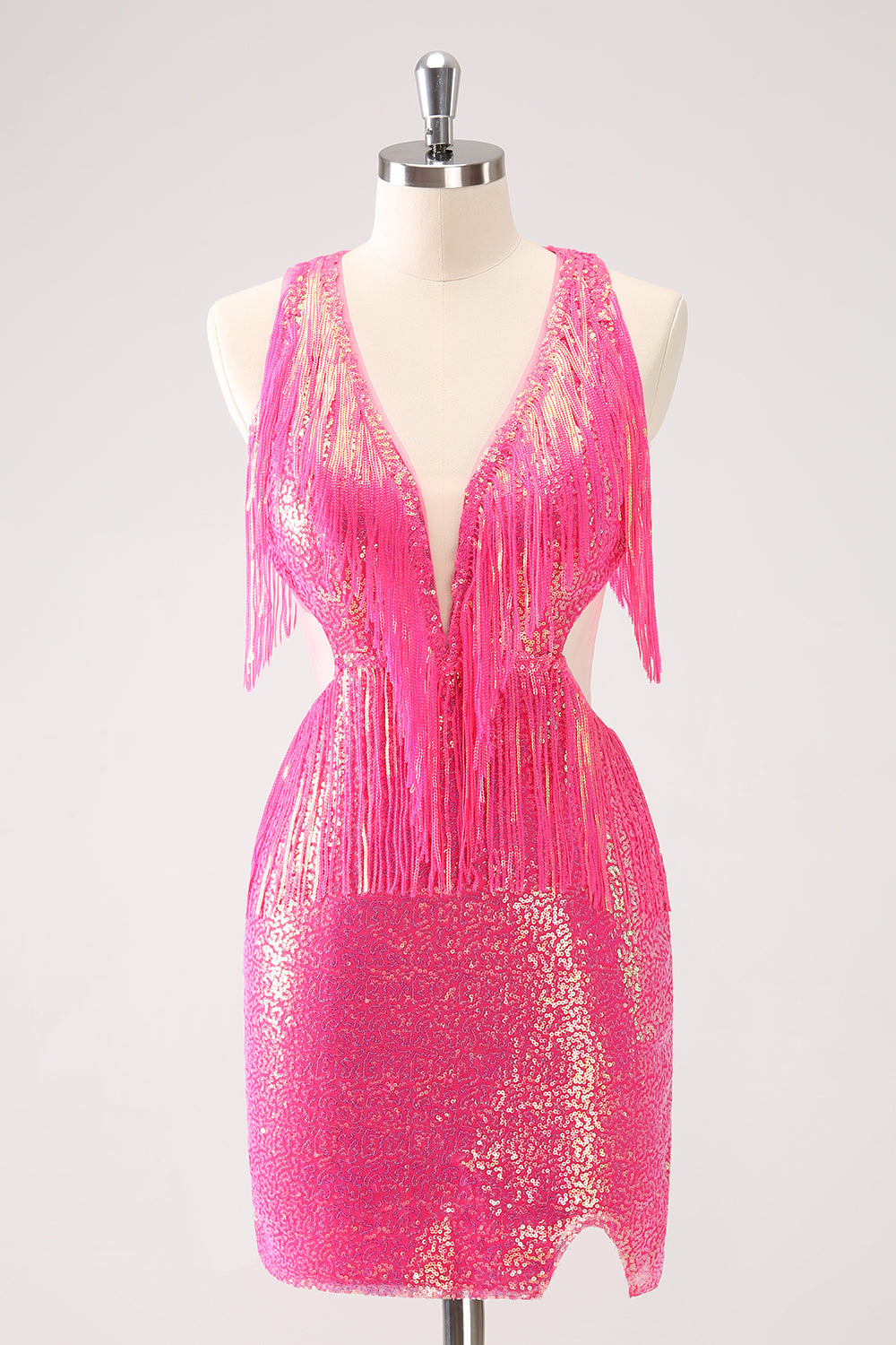 Sparkly Fuchsia V-Neck Backless Tight Mini Dress with Tassel - Image 1