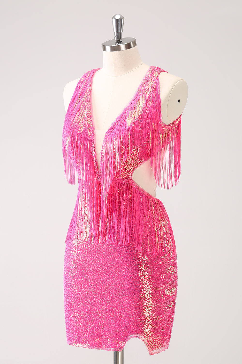 Sparkly Fuchsia V-Neck Backless Tight Mini Dress with Tassel - Image 3