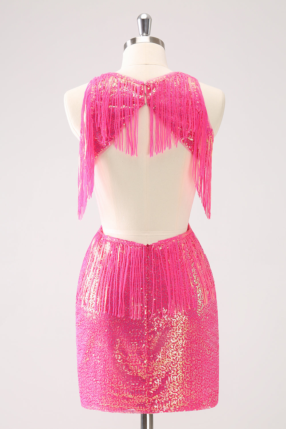 Sparkly Fuchsia V-Neck Backless Tight Mini Dress with Tassel - Image 2