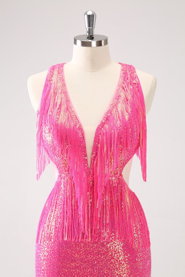 Sparkly Fuchsia V-Neck Backless Tight Mini Dress with Tassel - Image 4