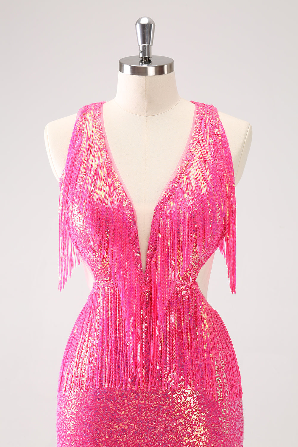 Sparkly Fuchsia V-Neck Backless Tight Mini Dress with Tassel - Image 4