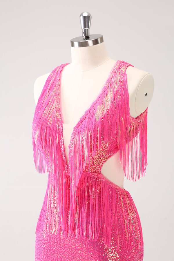 Sparkly Fuchsia V-Neck Backless Tight Mini Dress with Tassel - Image 5