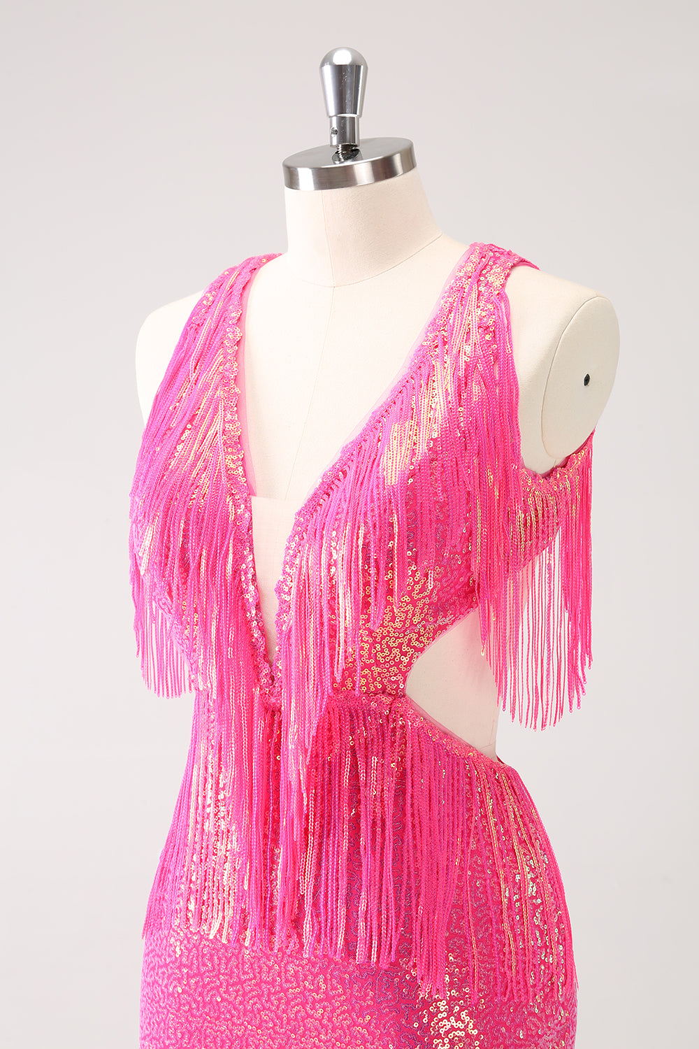 Sparkly Fuchsia V-Neck Backless Tight Mini Dress with Tassel - Image 5