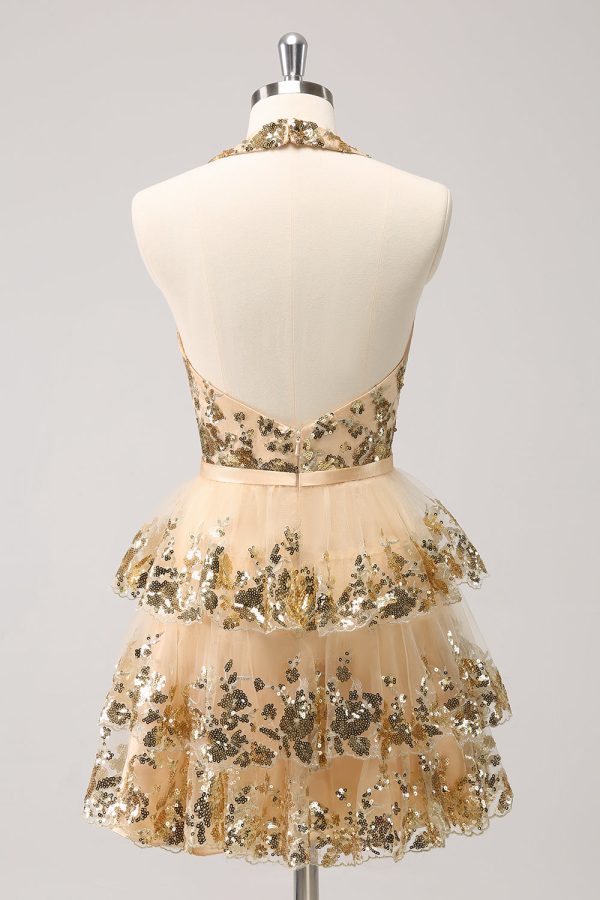 Sparkly Gold A Line Halter Tiered Sequined Backless Mini Dress - Image 2