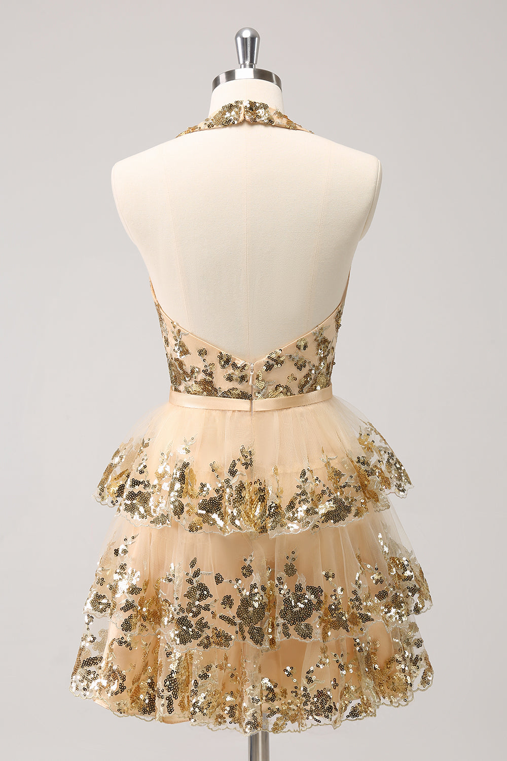 Sparkly Gold A Line Halter Tiered Sequined Backless Mini Dress - Image 2
