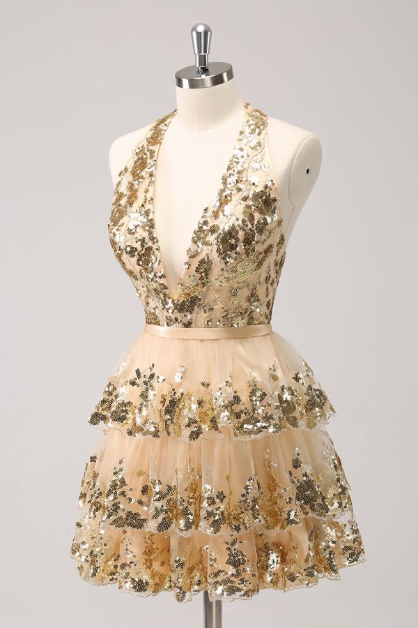 Sparkly Gold A Line Halter Tiered Sequined Backless Mini Dress - Image 3