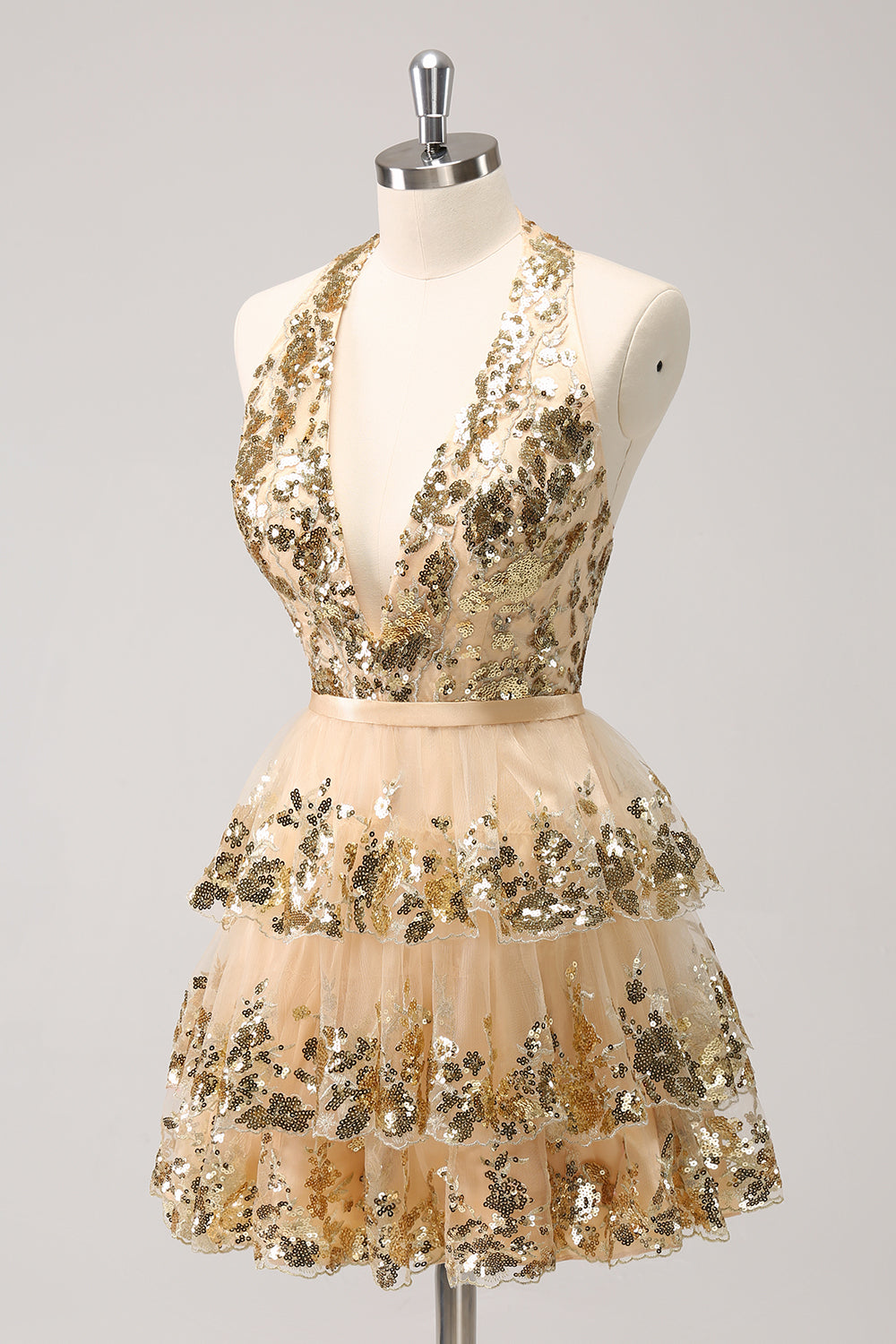 Sparkly Gold A Line Halter Tiered Sequined Backless Mini Dress - Image 3