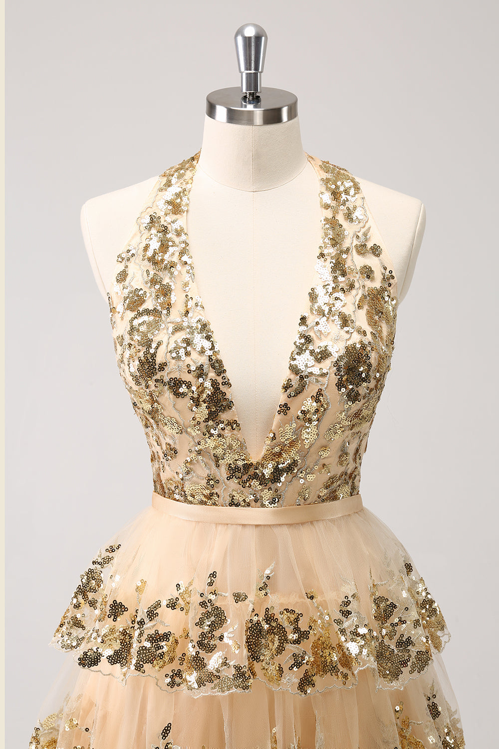 Sparkly Gold A Line Halter Tiered Sequined Backless Mini Dress - Image 4