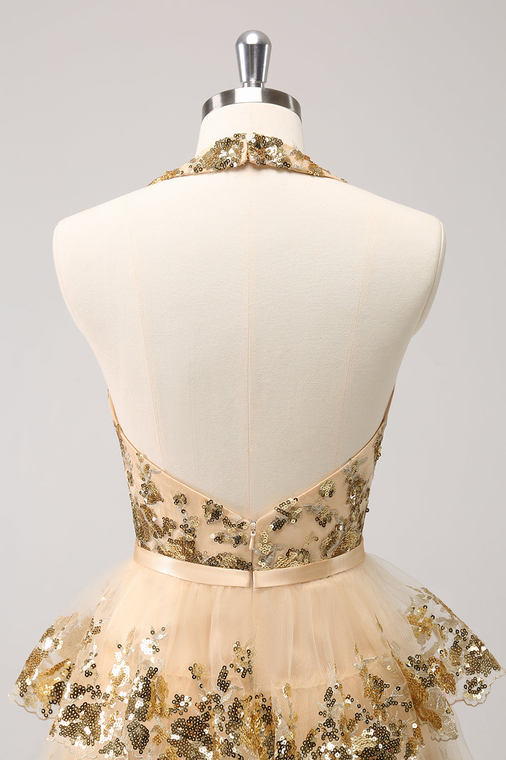 Sparkly Gold A Line Halter Tiered Sequined Backless Mini Dress - Image 5
