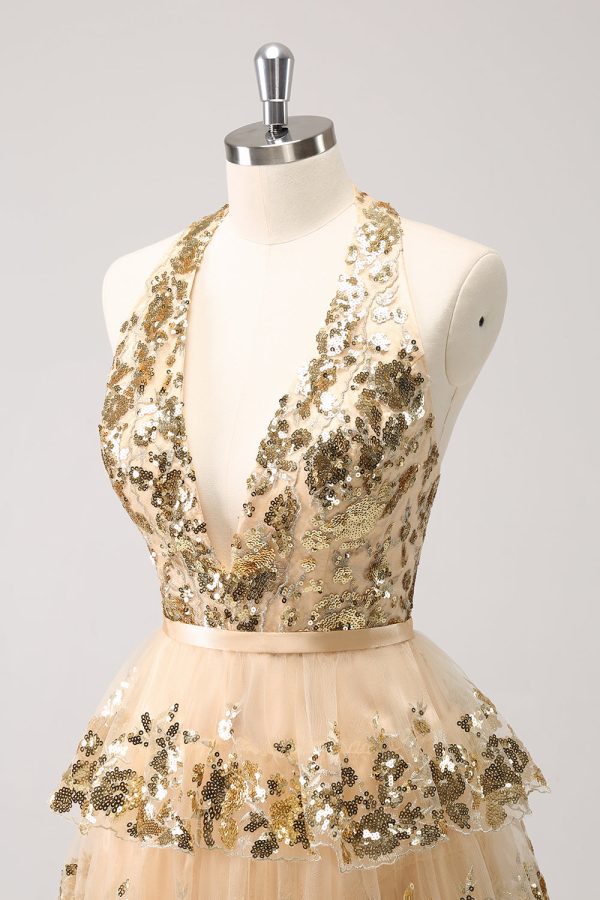 Sparkly Gold A Line Halter Tiered Sequined Backless Mini Dress - Image 6