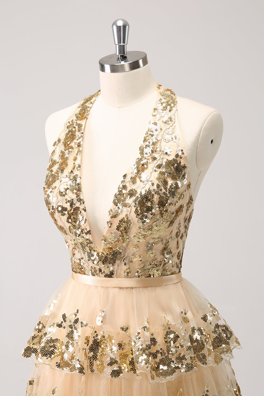 Sparkly Gold A Line Halter Tiered Sequined Backless Mini Dress - Image 6