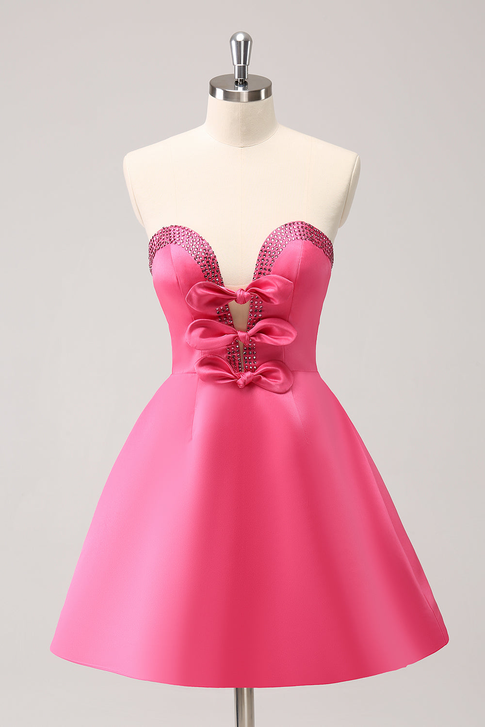 Sparkly Fuchsia A Line Beaded Strapless Mini Dress with Bows - Image 1