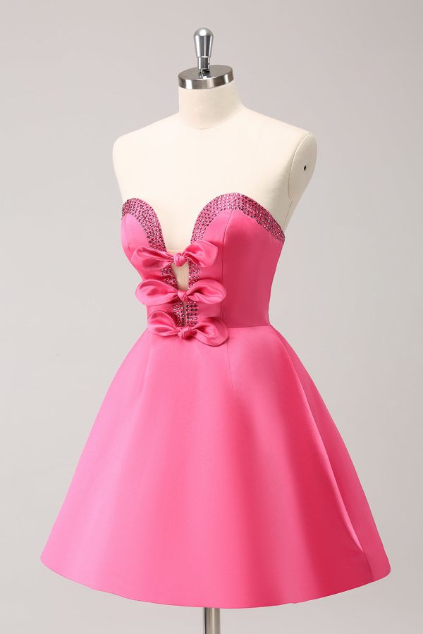 Sparkly Fuchsia A Line Beaded Strapless Mini Dress with Bows - Image 3