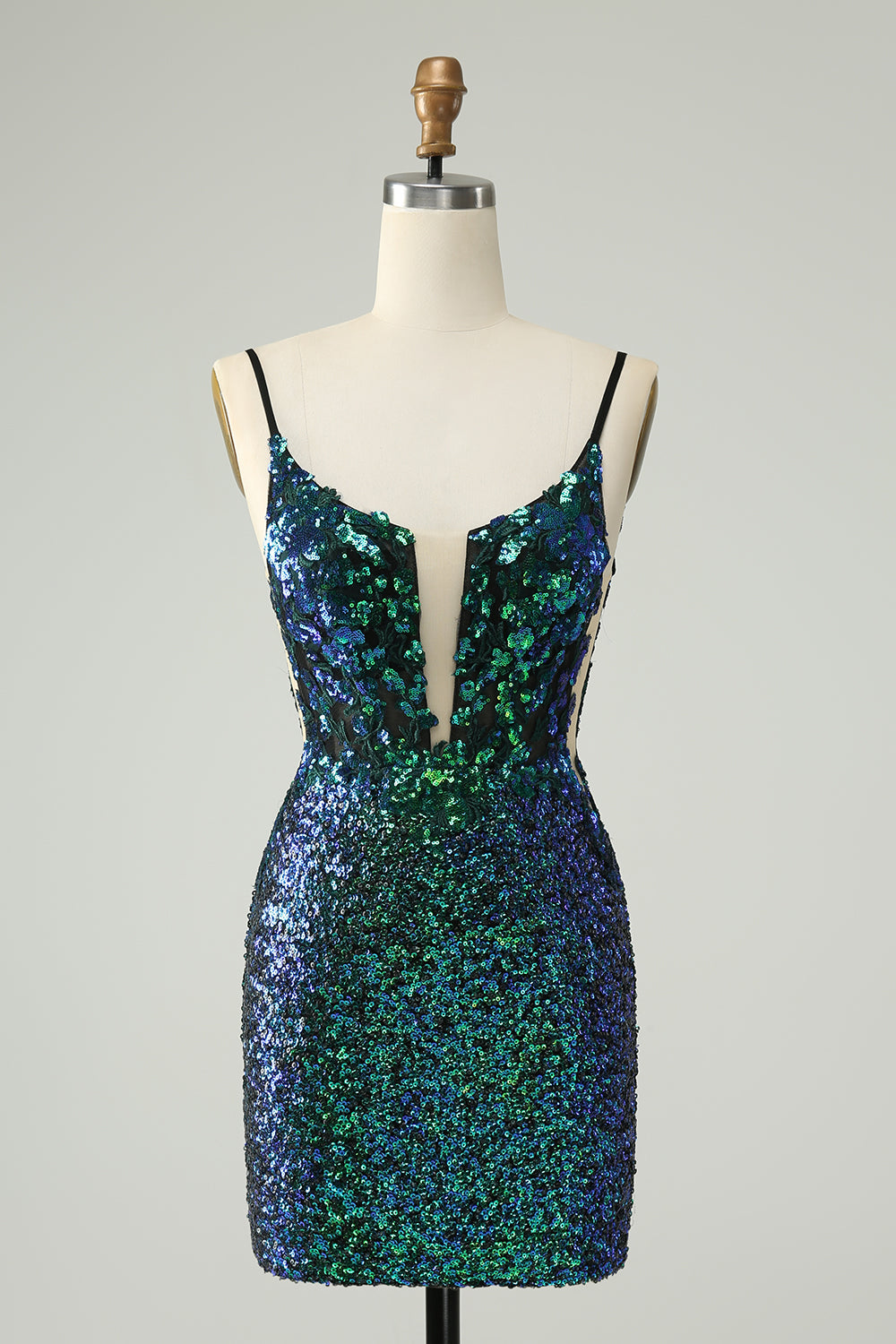 Sparkly Dark Green Spaghetti Straps Tight Mini Dress with Sequins - Image 1