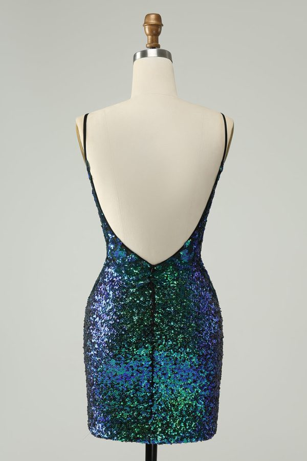 Sparkly Dark Green Spaghetti Straps Tight Mini Dress with Sequins - Image 2