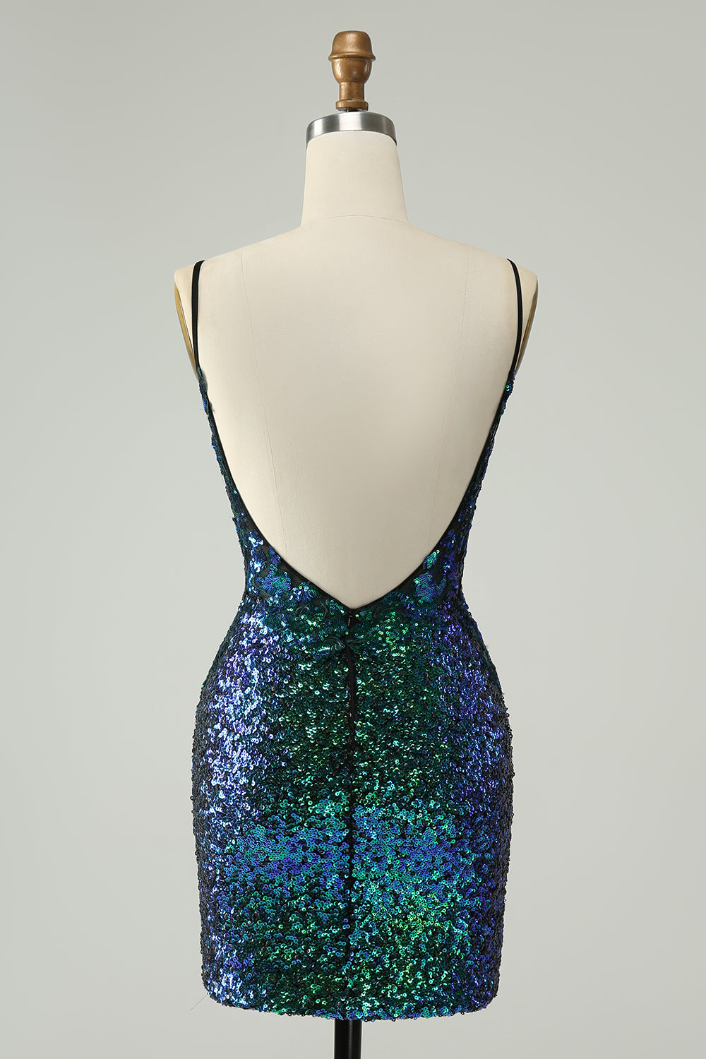 Sparkly Dark Green Spaghetti Straps Tight Mini Dress with Sequins - Image 2