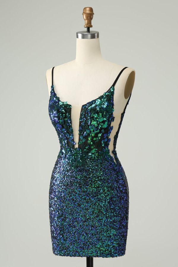 Sparkly Dark Green Spaghetti Straps Tight Mini Dress with Sequins - Image 3