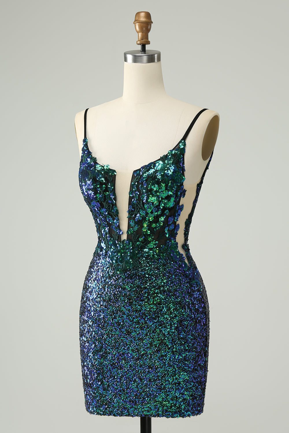 Sparkly Dark Green Spaghetti Straps Tight Mini Dress with Sequins - Image 3