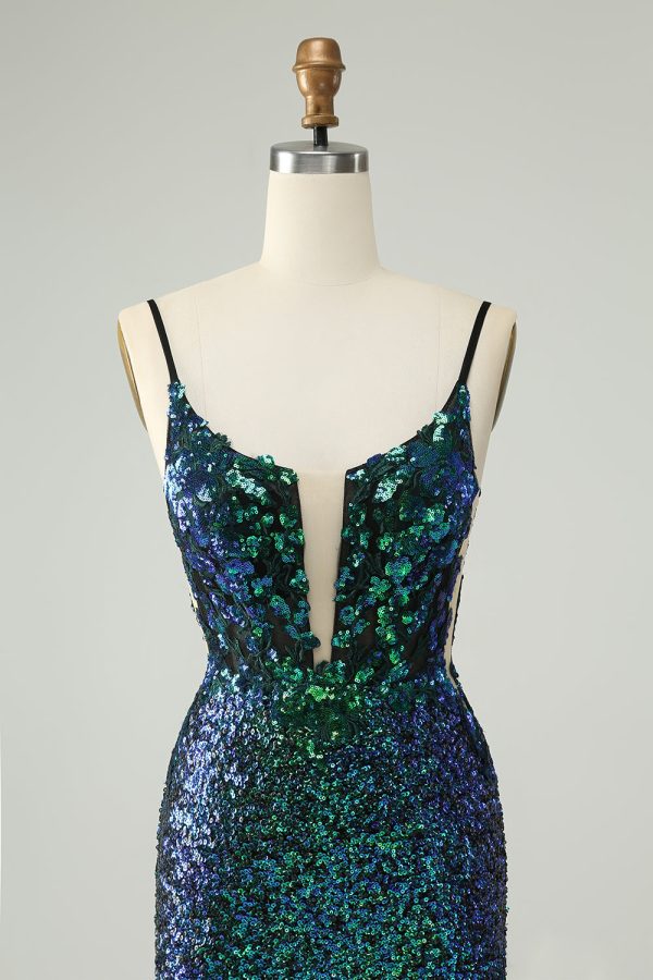 Sparkly Dark Green Spaghetti Straps Tight Mini Dress with Sequins - Image 4