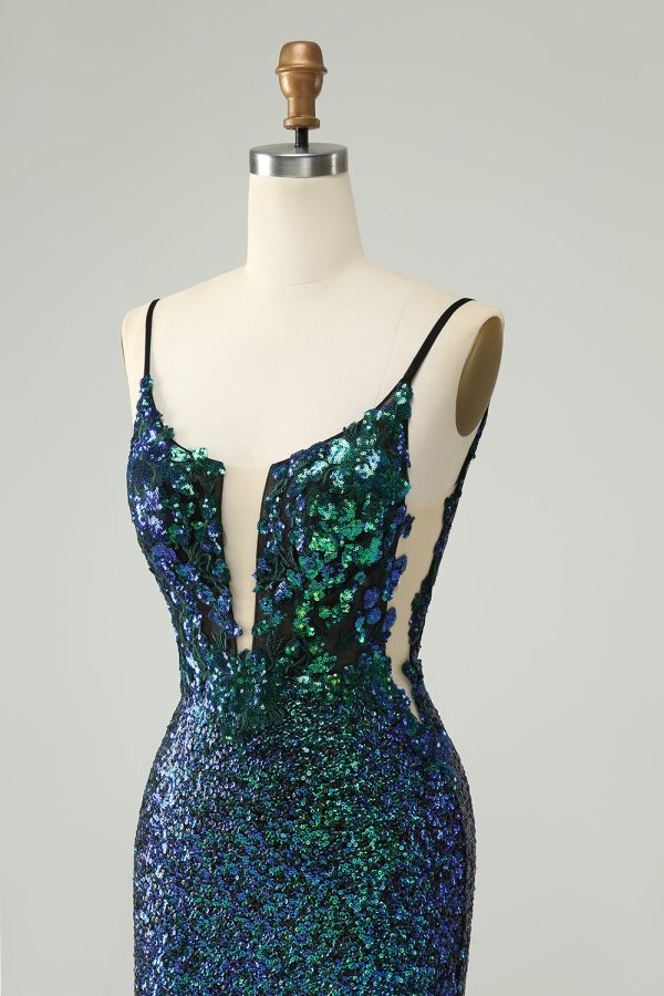 Sparkly Dark Green Spaghetti Straps Tight Mini Dress with Sequins - Image 6