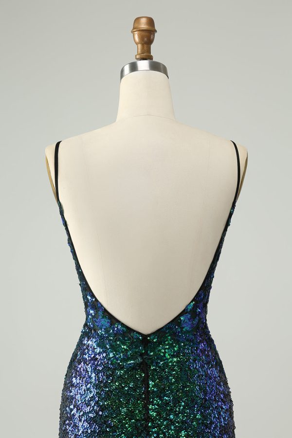 Sparkly Dark Green Spaghetti Straps Tight Mini Dress with Sequins - Image 5