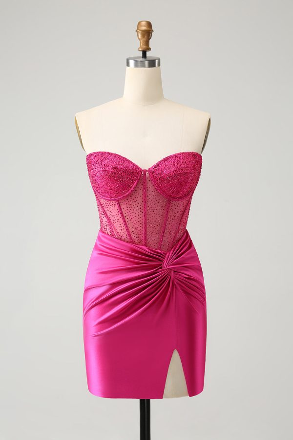 Sparkly Fuchsia Tight Beaded Corset Strapless Mini Dress - Image 1