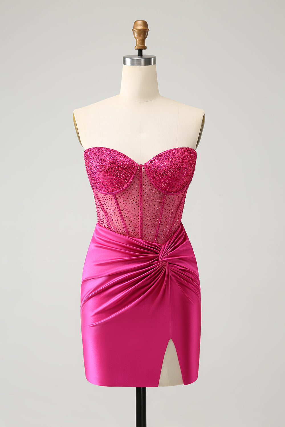 Sparkly Fuchsia Tight Beaded Corset Strapless Mini Dress - Image 1