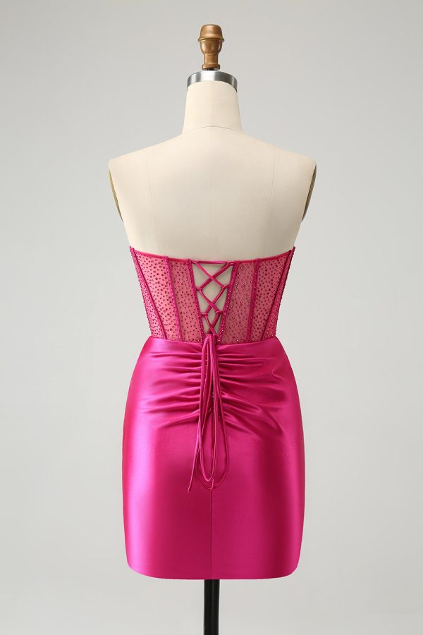 Sparkly Fuchsia Tight Beaded Corset Strapless Mini Dress - Image 2