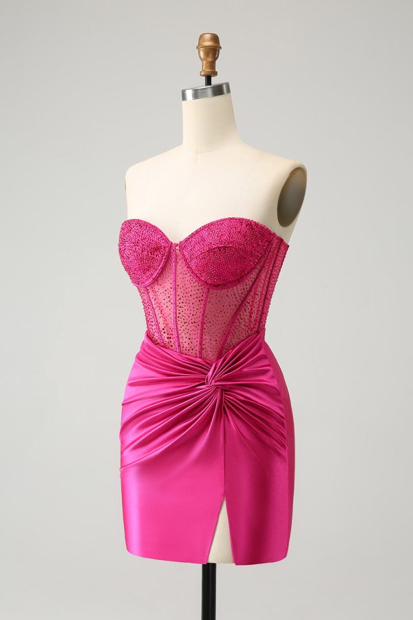 Sparkly Fuchsia Tight Beaded Corset Strapless Mini Dress - Image 5