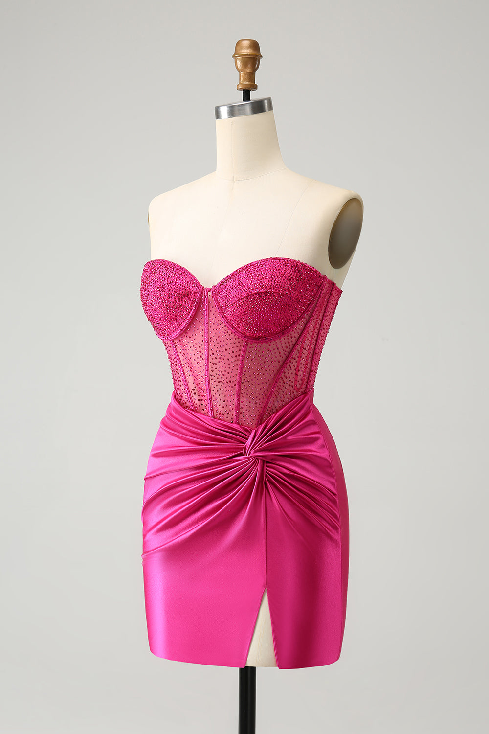 Sparkly Fuchsia Tight Beaded Corset Strapless Mini Dress - Image 5