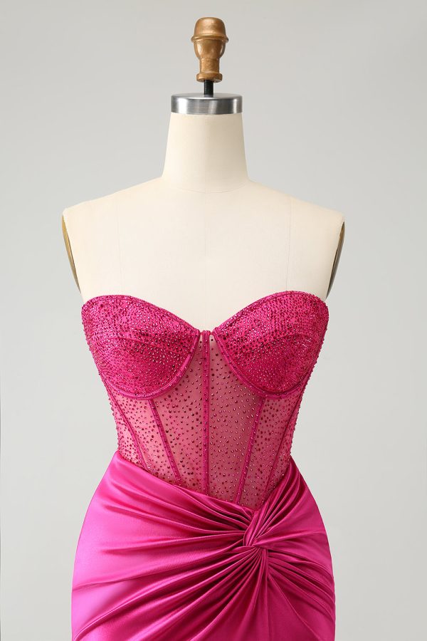 Sparkly Fuchsia Tight Beaded Corset Strapless Mini Dress - Image 6