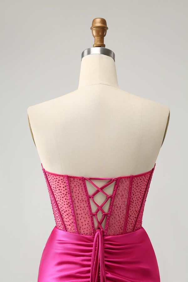 Sparkly Fuchsia Tight Beaded Corset Strapless Mini Dress - Image 7