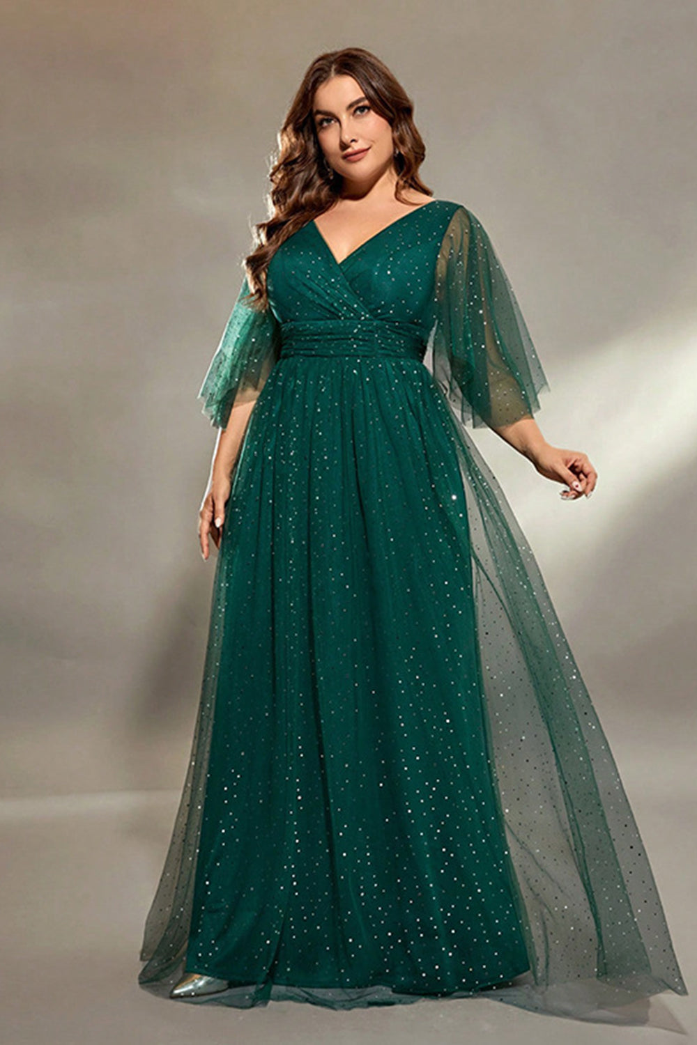 Sparkly Dark Green Plus Size A Line Tulle Maxi Dress with Sleeves - Image 1
