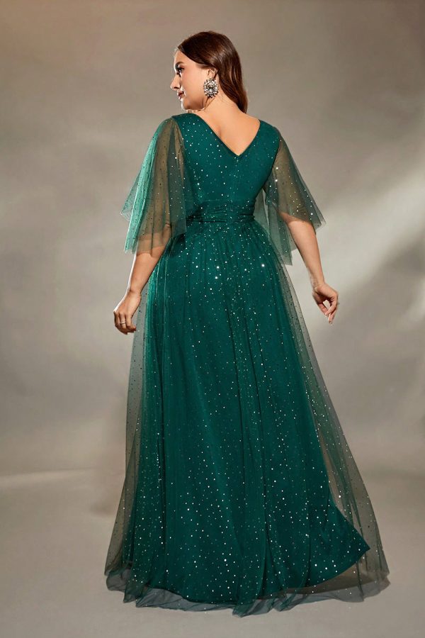 Sparkly Dark Green Plus Size A Line Tulle Maxi Dress with Sleeves - Image 2