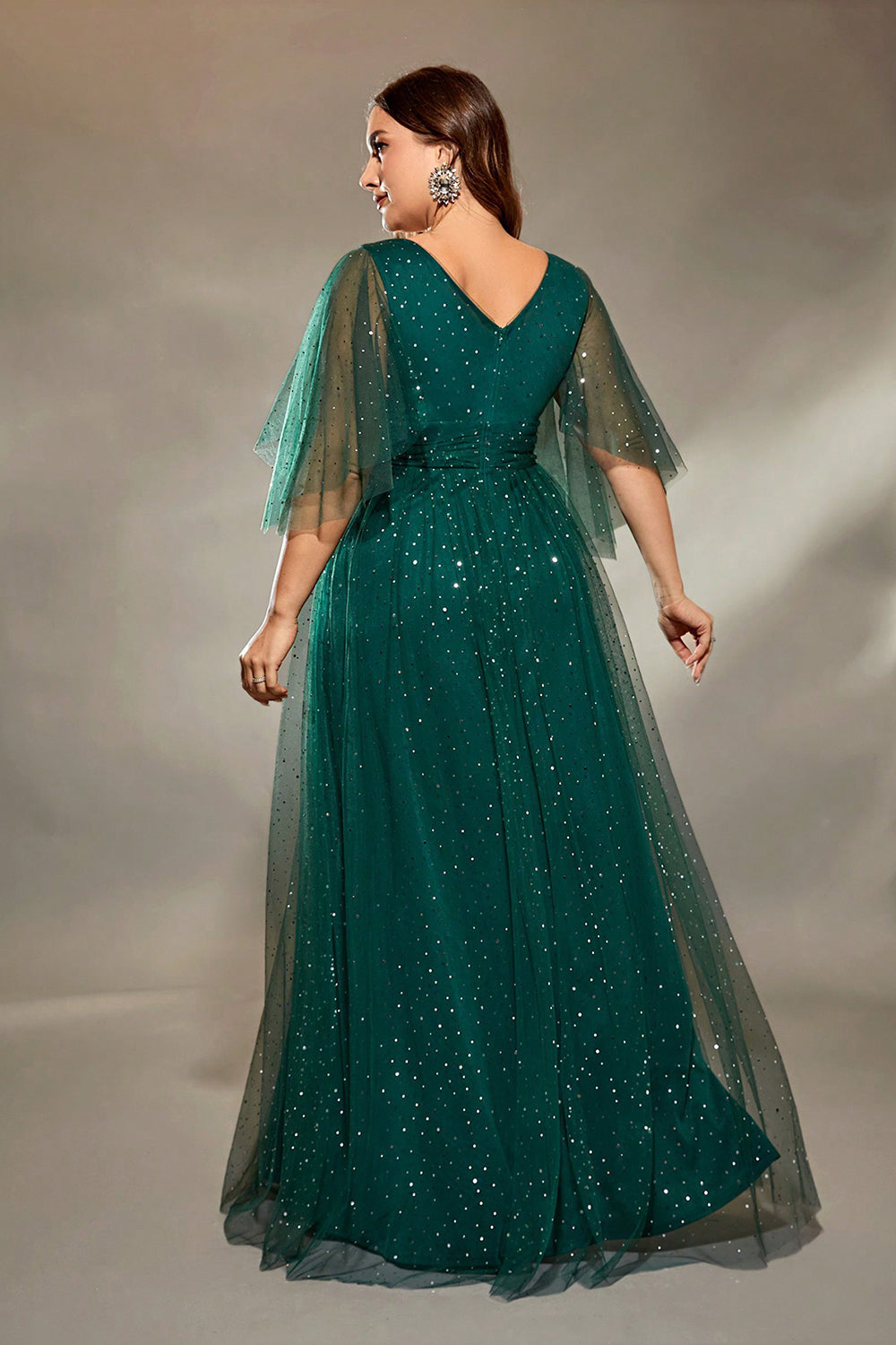 Sparkly Dark Green Plus Size A Line Tulle Maxi Dress with Sleeves - Image 2