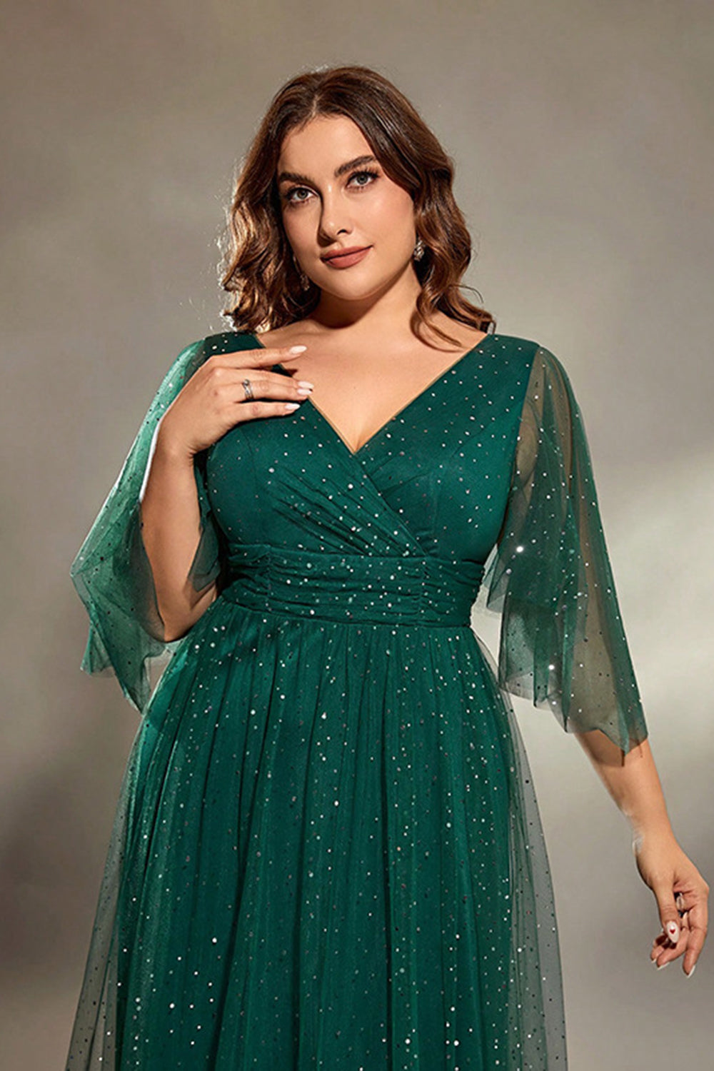 Sparkly Dark Green Plus Size A Line Tulle Maxi Dress with Sleeves - Image 3