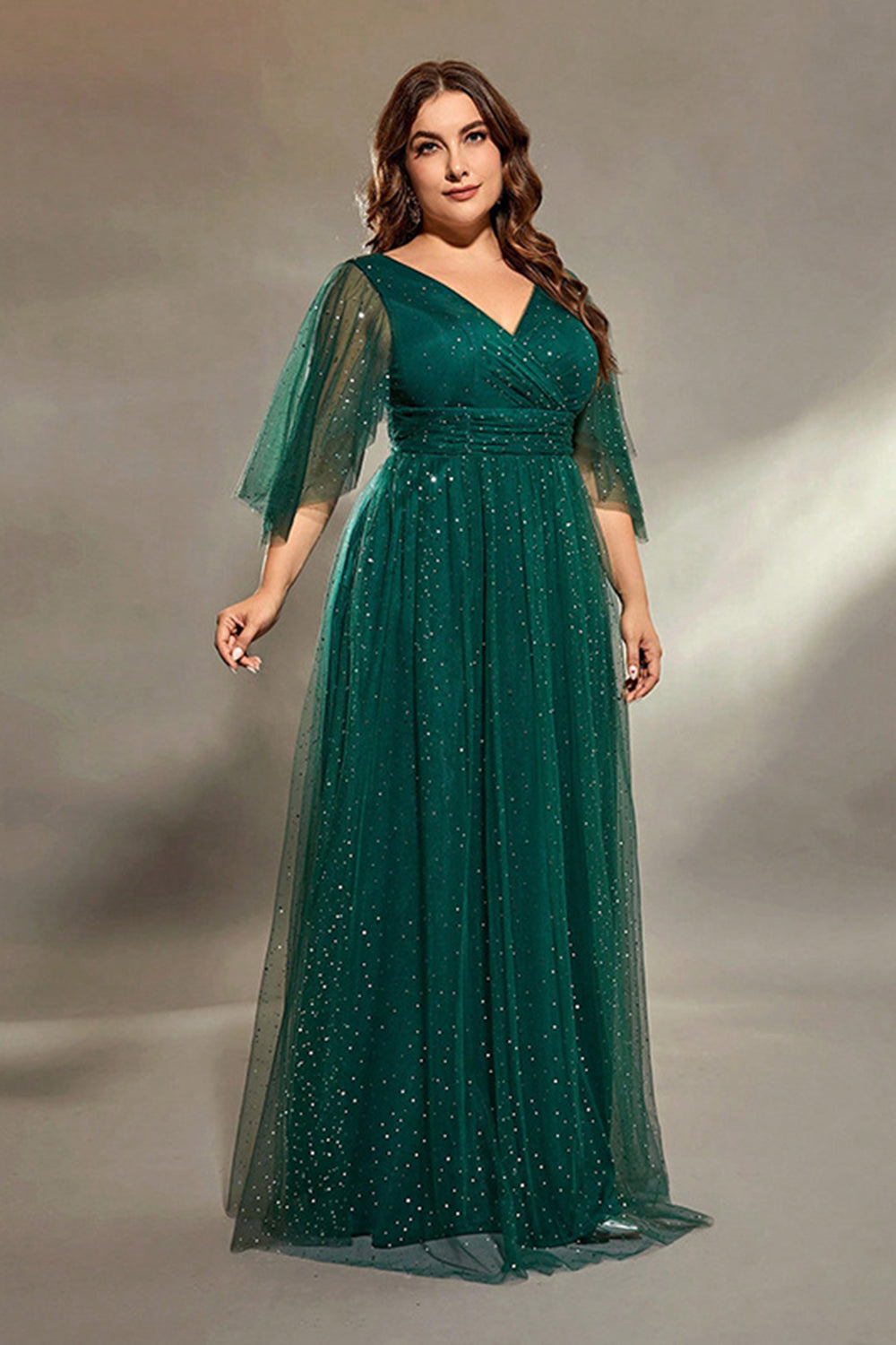 Sparkly Dark Green Plus Size A Line Tulle Maxi Dress with Sleeves - Image 4