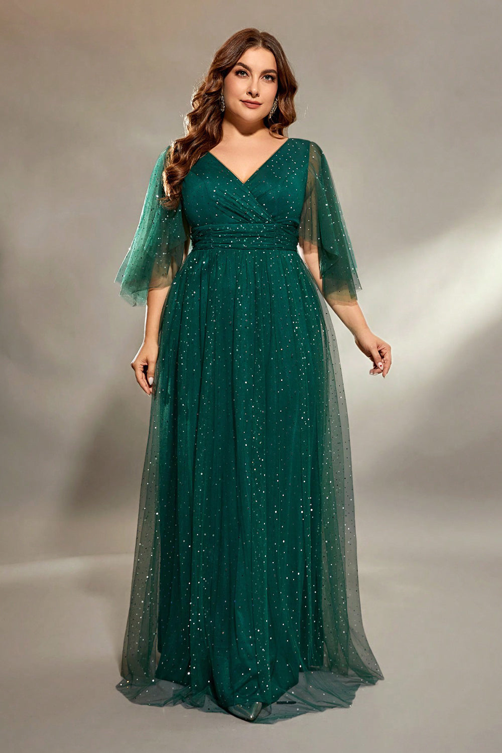Sparkly Dark Green Plus Size A Line Tulle Maxi Dress with Sleeves - Image 5