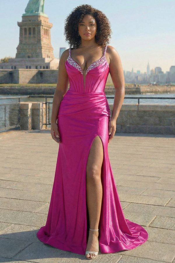 Sparkly Corset Fuchsia Mermaid Plus Size Prom Dress - Image 1