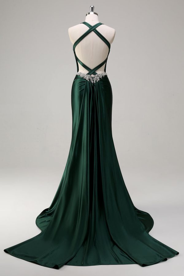 Sparkly Dark Green Mermaid Halter Corset Sequin Prom Dress - Image 2