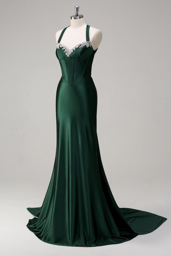 Sparkly Dark Green Mermaid Halter Corset Sequin Prom Dress - Image 3