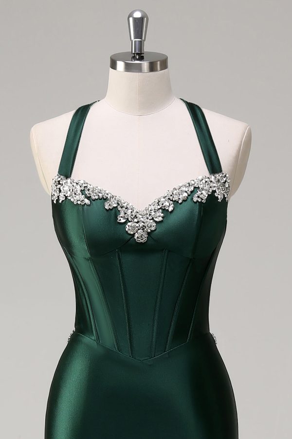 Sparkly Dark Green Mermaid Halter Corset Sequin Prom Dress - Image 4