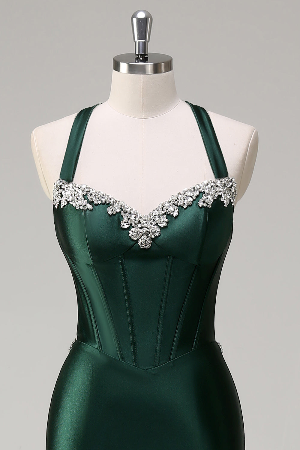 Sparkly Dark Green Mermaid Halter Corset Sequin Prom Dress - Image 4