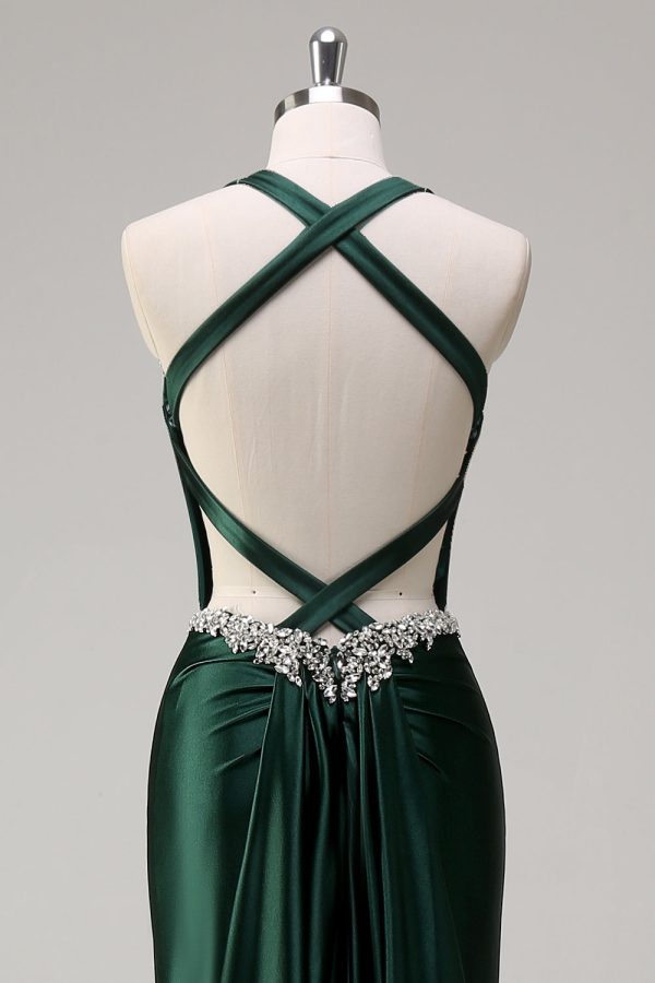Sparkly Dark Green Mermaid Halter Corset Sequin Prom Dress - Image 5