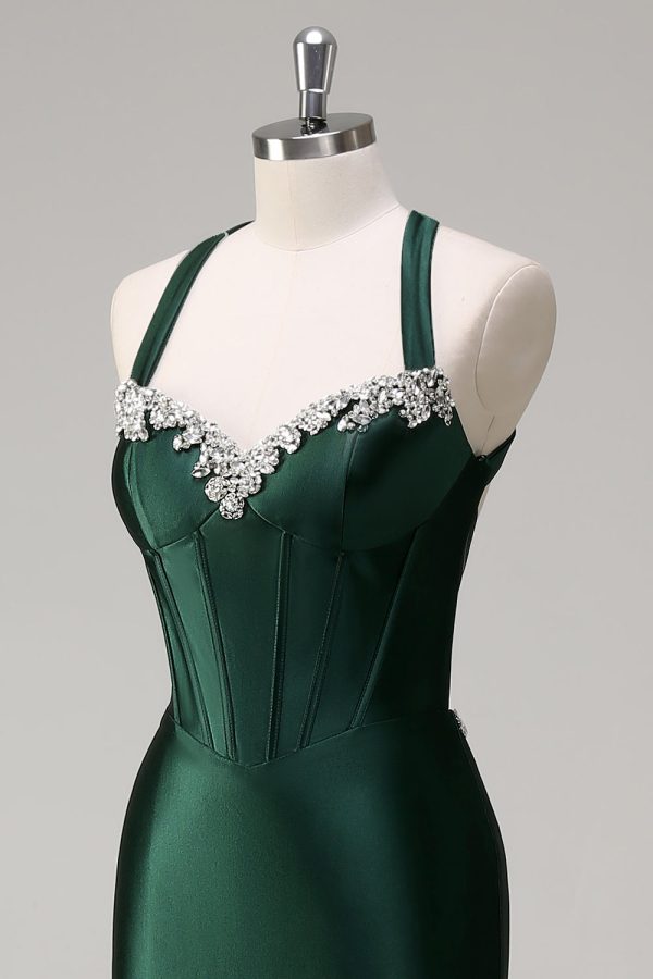 Sparkly Dark Green Mermaid Halter Corset Sequin Prom Dress - Image 6