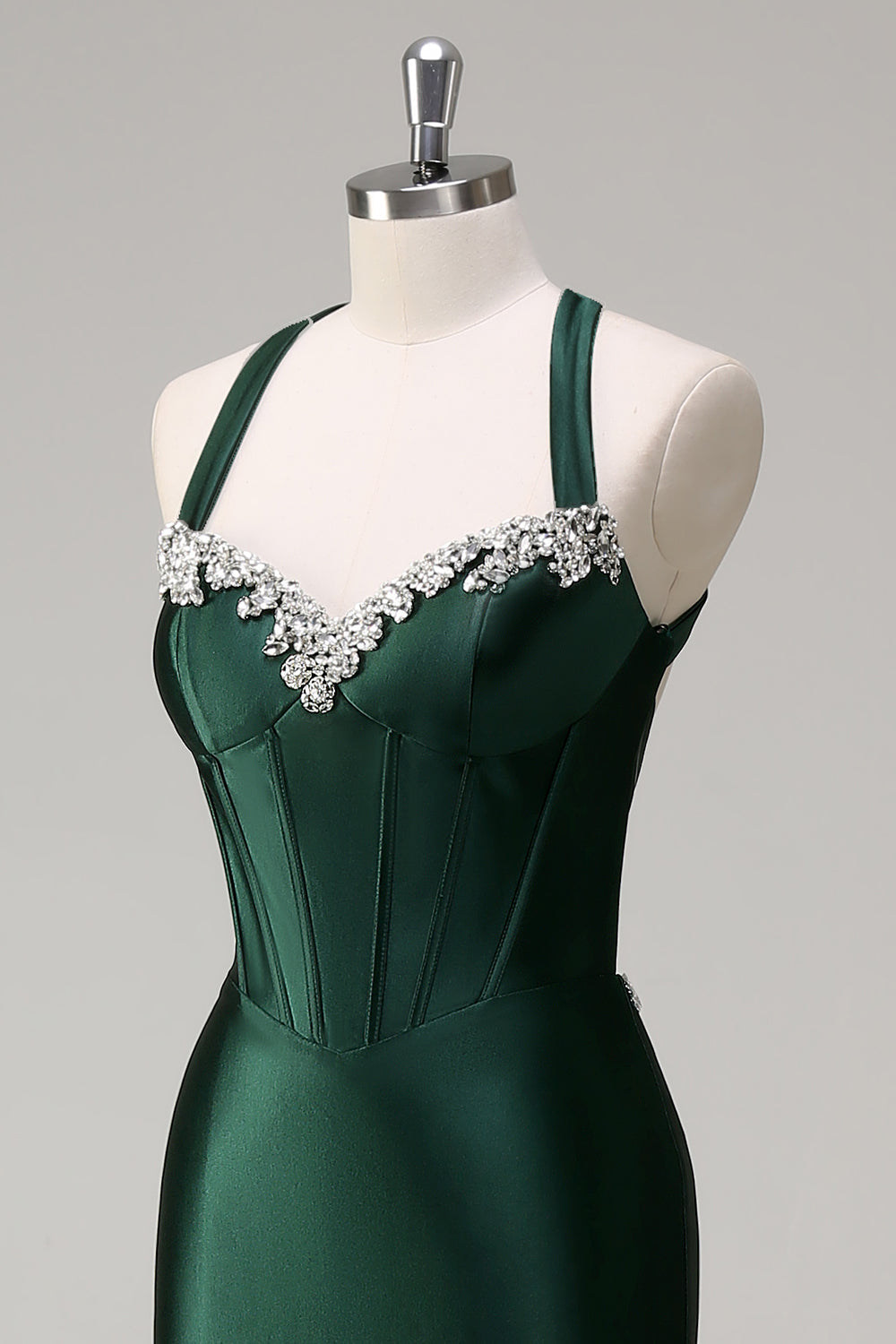 Sparkly Dark Green Mermaid Halter Corset Sequin Prom Dress - Image 6