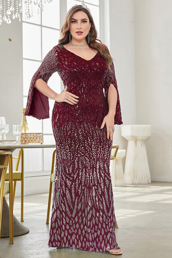 Sparkly Burgundy V Neck Maxi Dress with Split Sleeves - Image 3