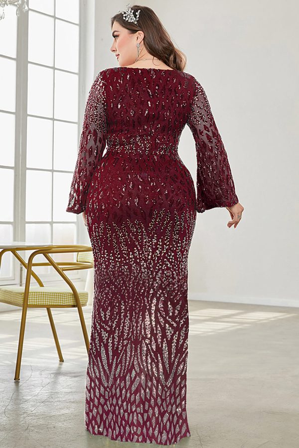 Sparkly Burgundy V Neck Maxi Dress with Split Sleeves - Image 2