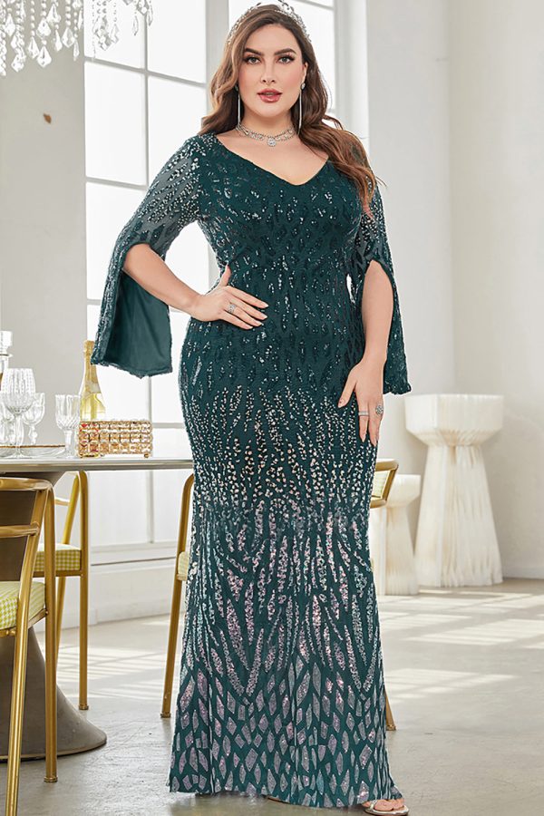 Sparkly Burgundy V Neck Maxi Dress with Split Sleeves - Image 16
