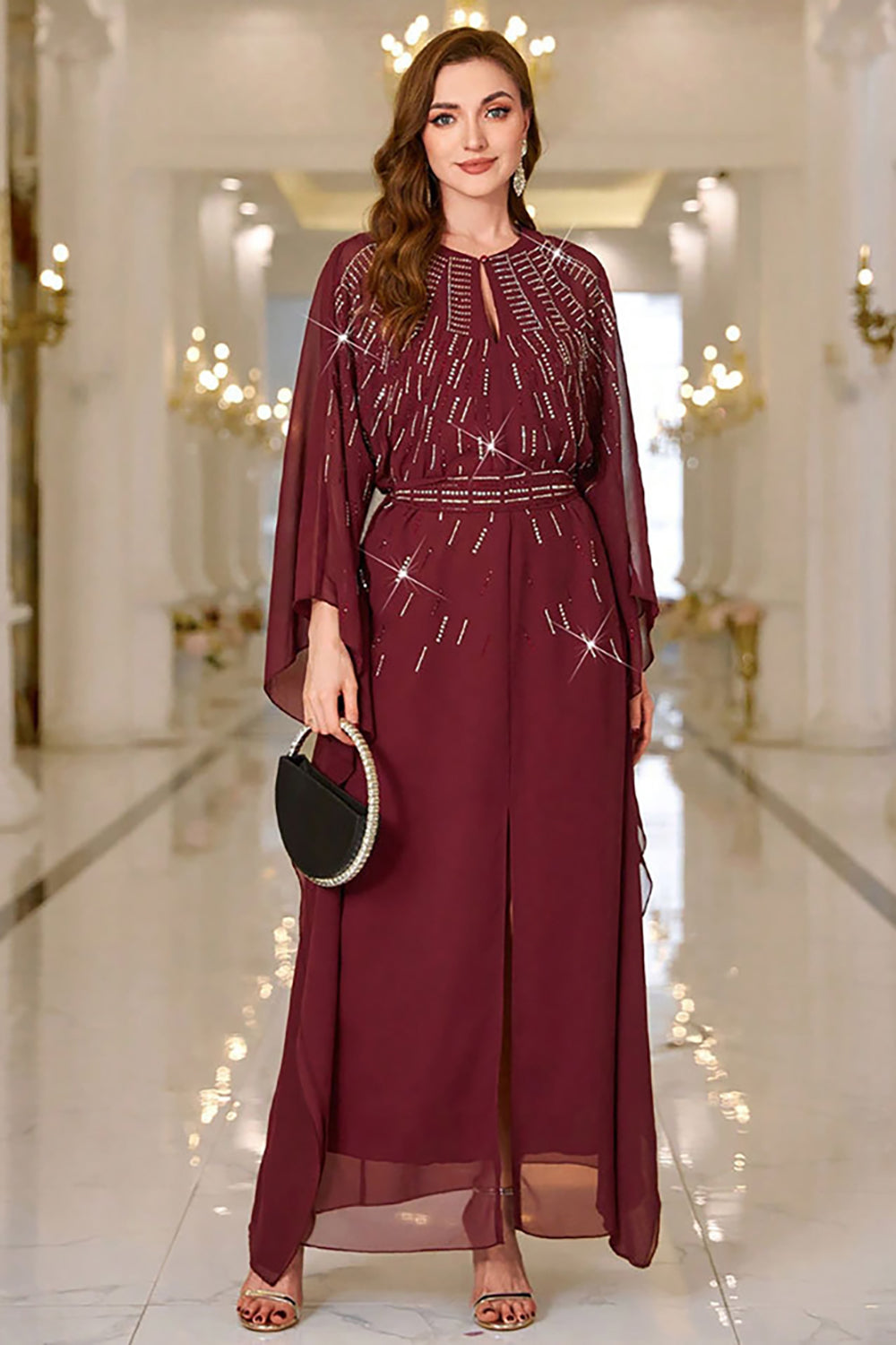 Sparkly Burgundy Chiffon Maxi Dress with Flared Sleeves - Image 1